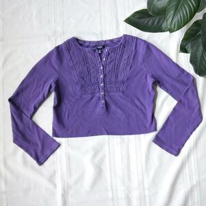 Purple cropped henley boho thermal long sleeve shirt